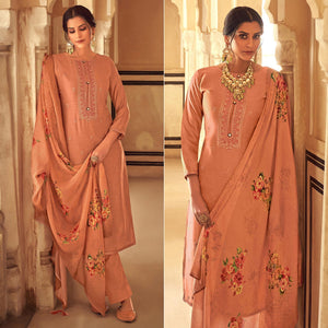 Brown Partywear Embroidered Cotton Silk Suit
