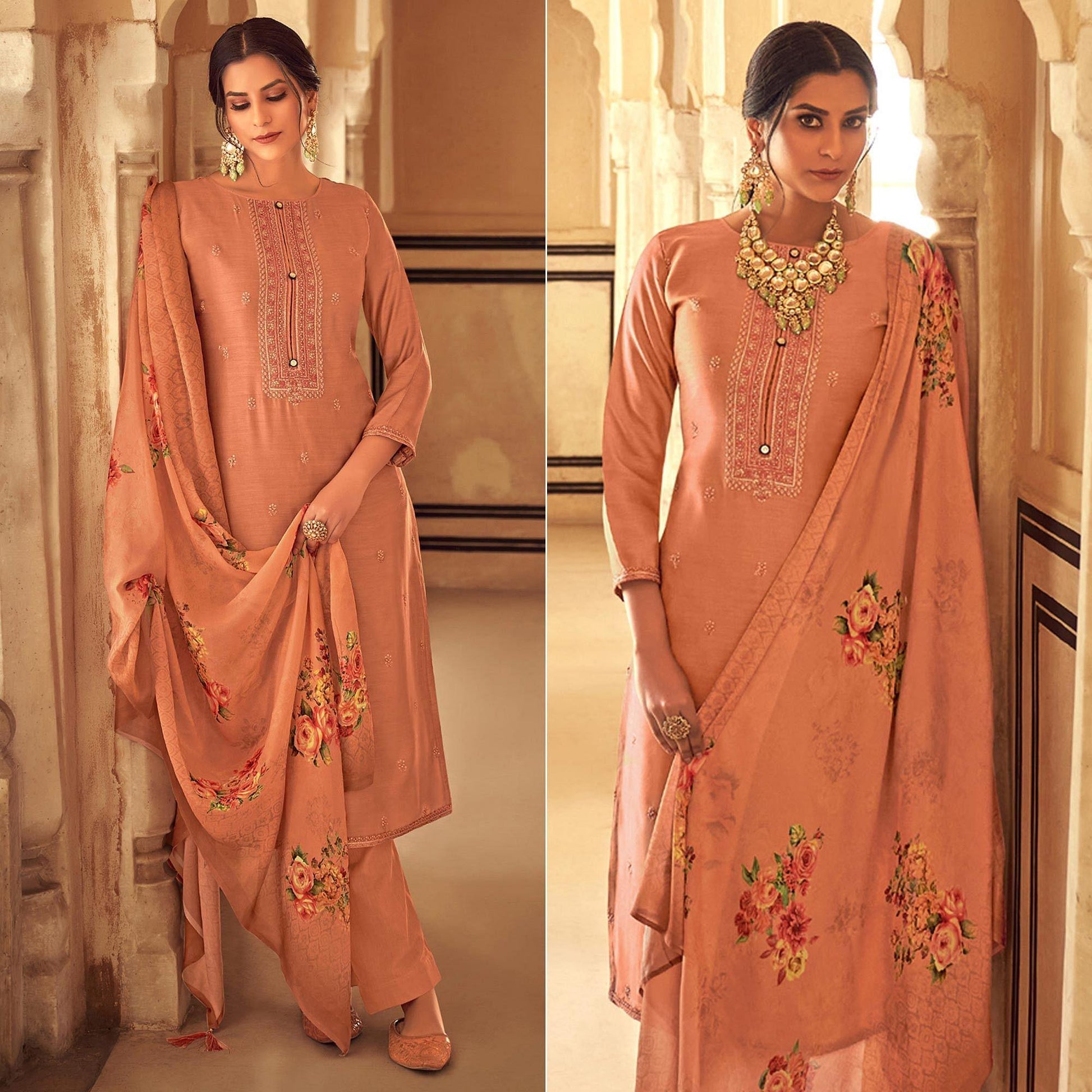 Brown Partywear Embroidered Cotton Silk Suit