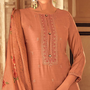 Brown Partywear Embroidered Cotton Silk Suit