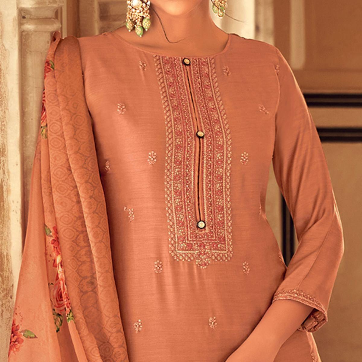 Brown Partywear Embroidered Cotton Silk Suit