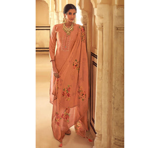 Brown Partywear Embroidered Cotton Silk Suit