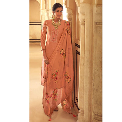 Brown Partywear Embroidered Cotton Silk Suit