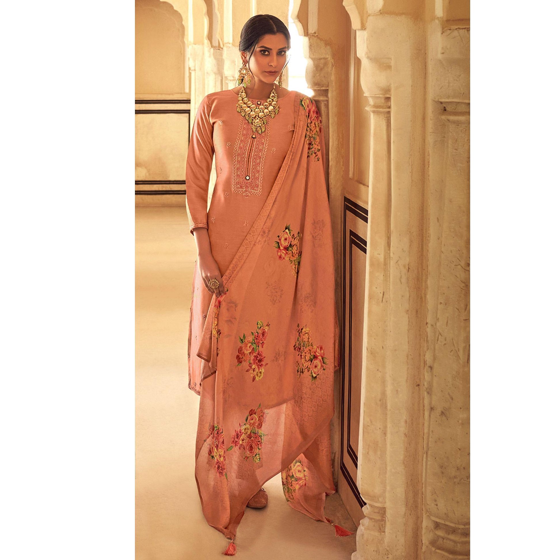 Brown Partywear Embroidered Cotton Silk Suit