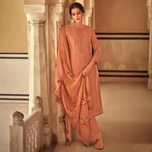 Brown Partywear Embroidered Cotton Silk Suit