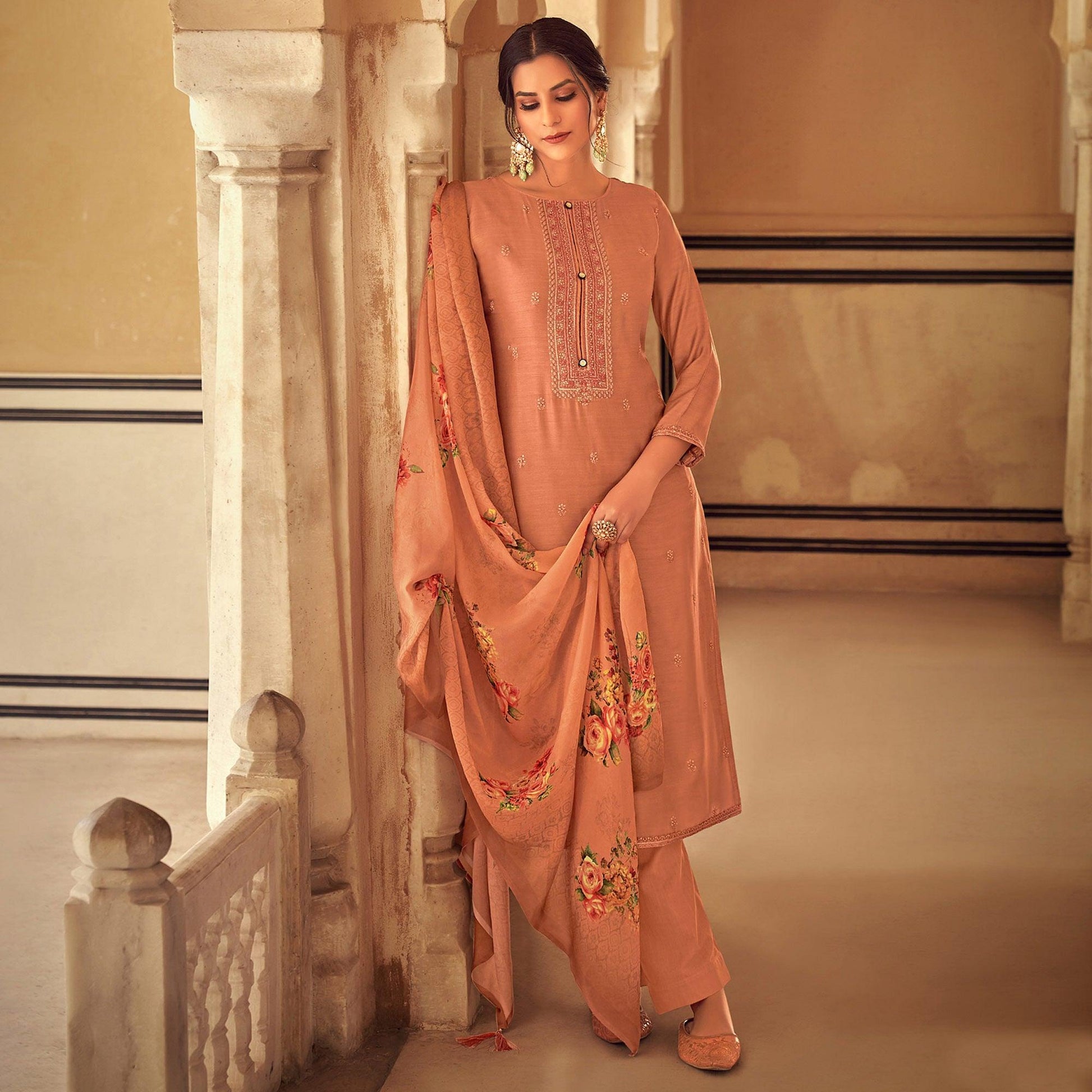 Brown Partywear Embroidered Cotton Silk Suit