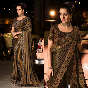 Brown Partywear Embroidered Embellished Mirror Work Net Saree