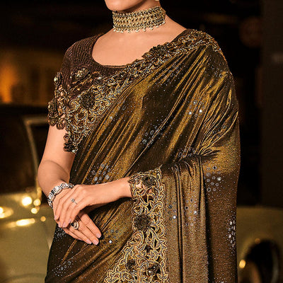 Brown Partywear Embroidered Embellished Mirror Work Net Saree