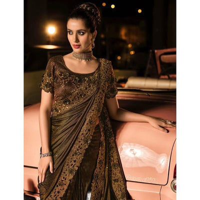 Brown Partywear Embroidered Embellished Mirror Work Net Saree