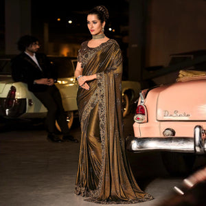 Brown Partywear Embroidered Embellished Mirror Work Net Saree
