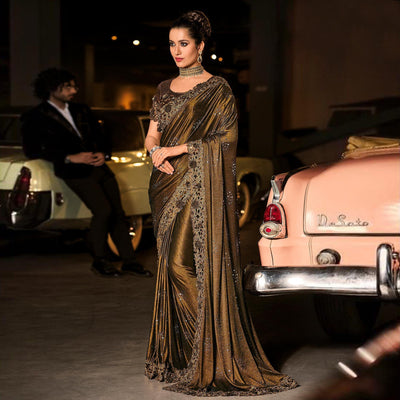 Brown Partywear Embroidered Embellished Mirror Work Net Saree