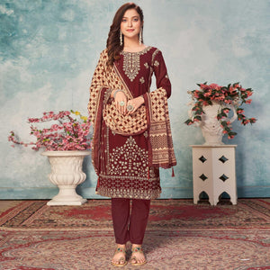 Brown Partywear Embroidered Faux Georgette Salwar Suit