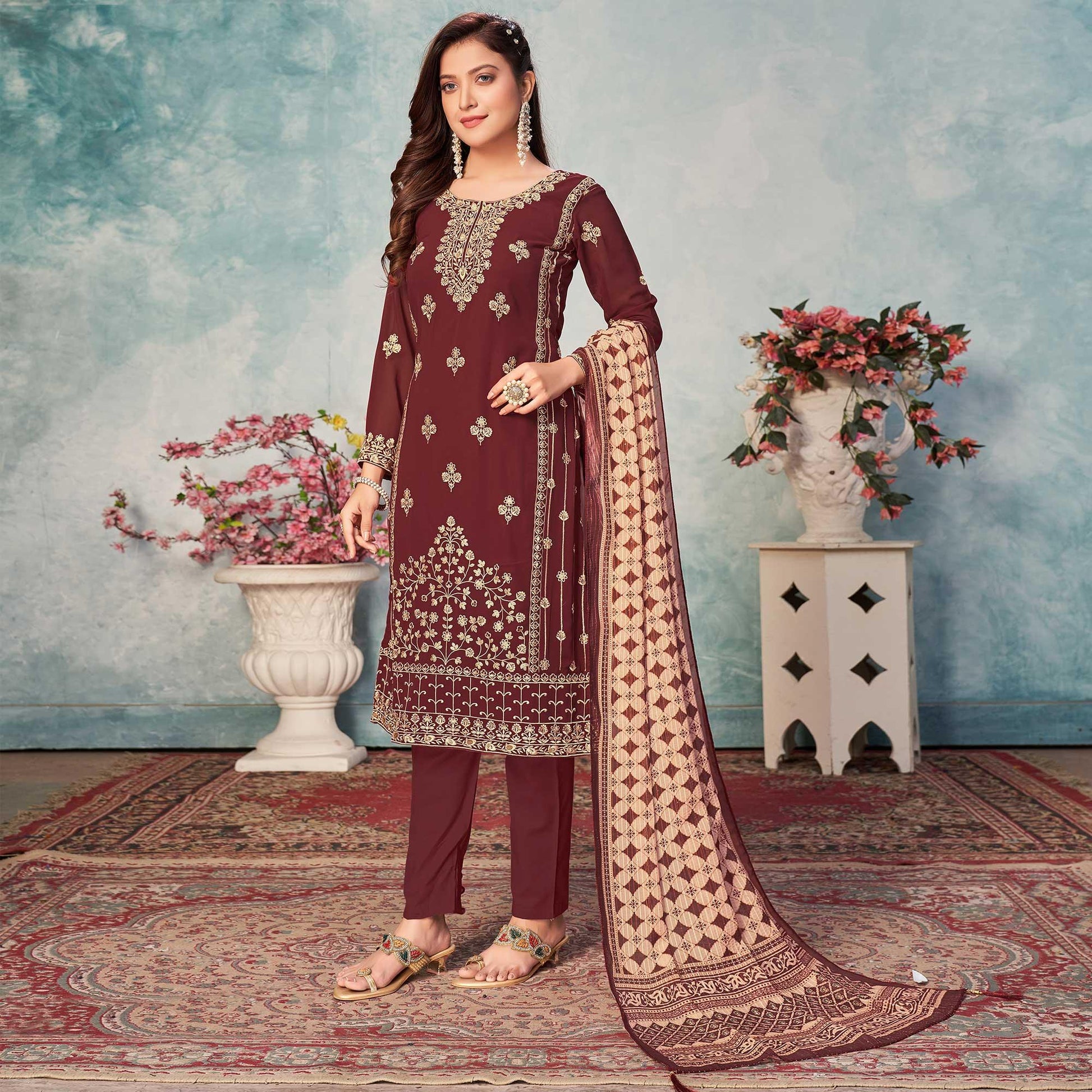 Brown Partywear Embroidered Faux Georgette Salwar Suit