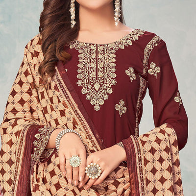 Brown Partywear Embroidered Faux Georgette Salwar Suit