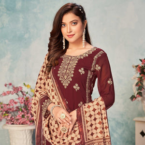 Brown Partywear Embroidered Faux Georgette Salwar Suit