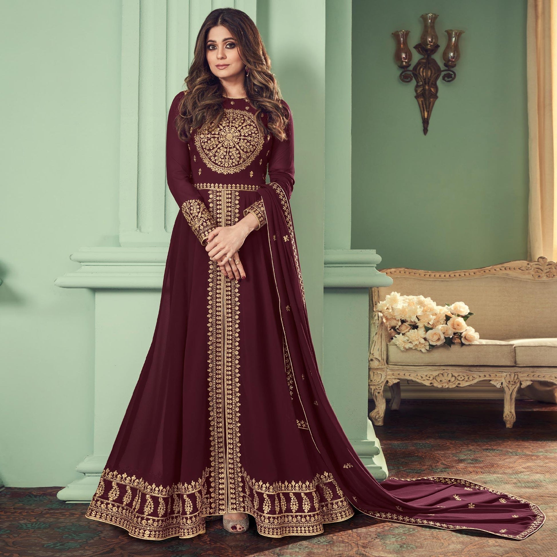 Brown Partywear Embroidered Georgette Gown