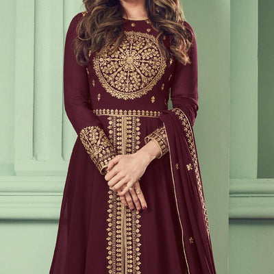 Brown Partywear Embroidered Georgette Gown