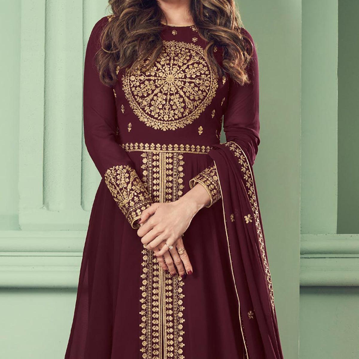 Brown Partywear Embroidered Georgette Gown