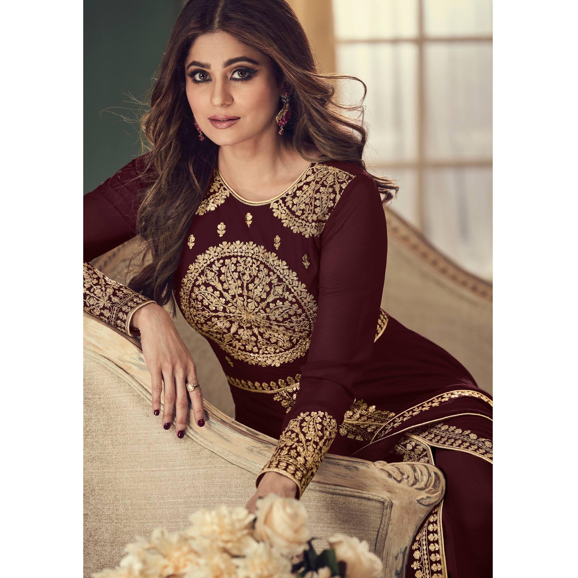Brown Partywear Embroidered Georgette Gown