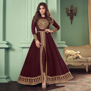 Brown Partywear Embroidered Georgette Gown
