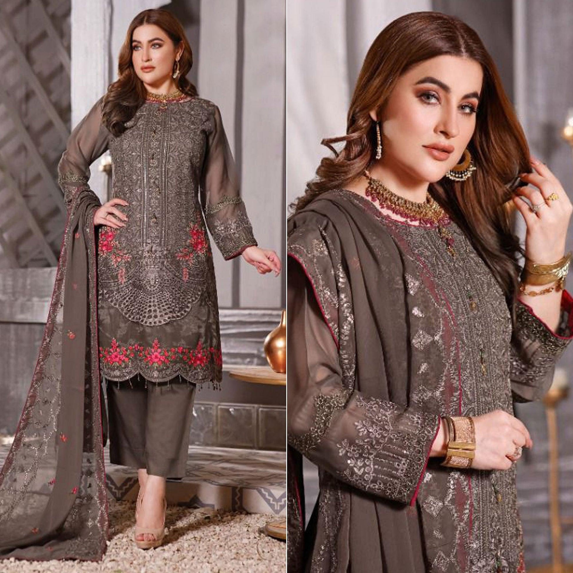 Brown Partywear Embroidered Georgette Pakistani Suit