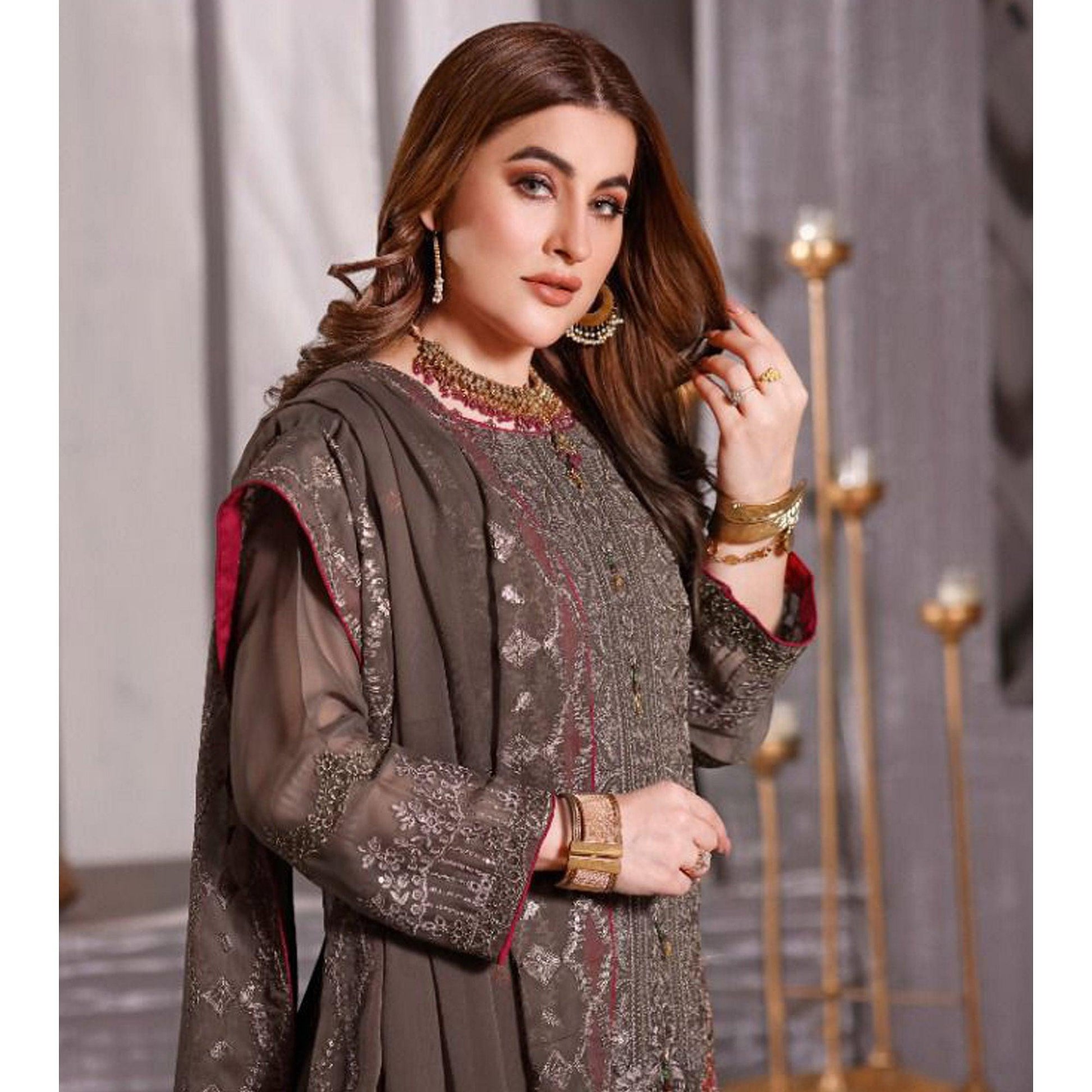 Brown Partywear Embroidered Georgette Pakistani Suit