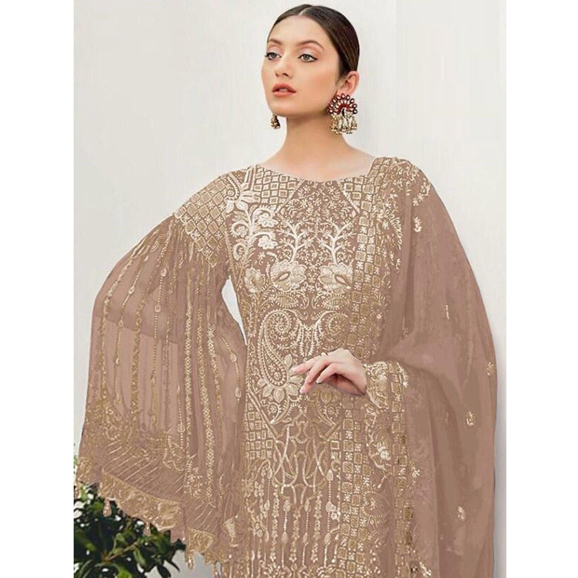 Brown Partywear Embroidered Georgette Pakistani Suit