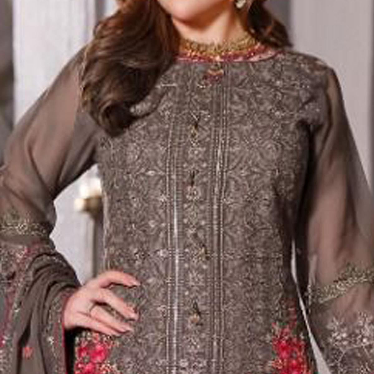 Brown Partywear Embroidered Georgette Pakistani Suit