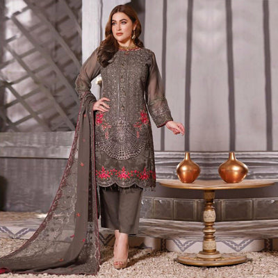 Brown Partywear Embroidered Georgette Pakistani Suit