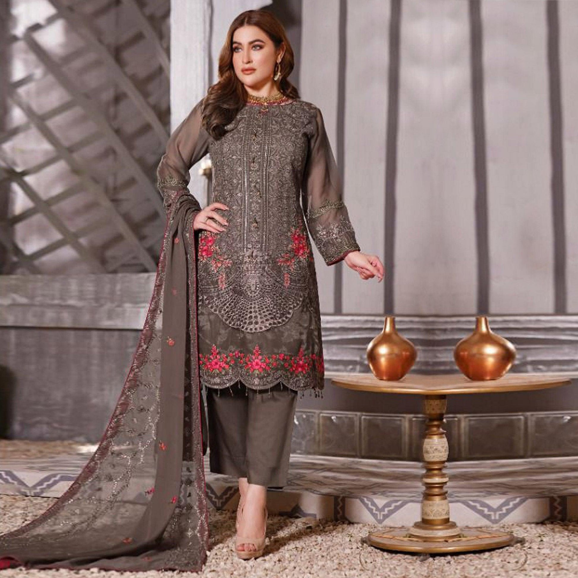 Brown Partywear Embroidered Georgette Pakistani Suit