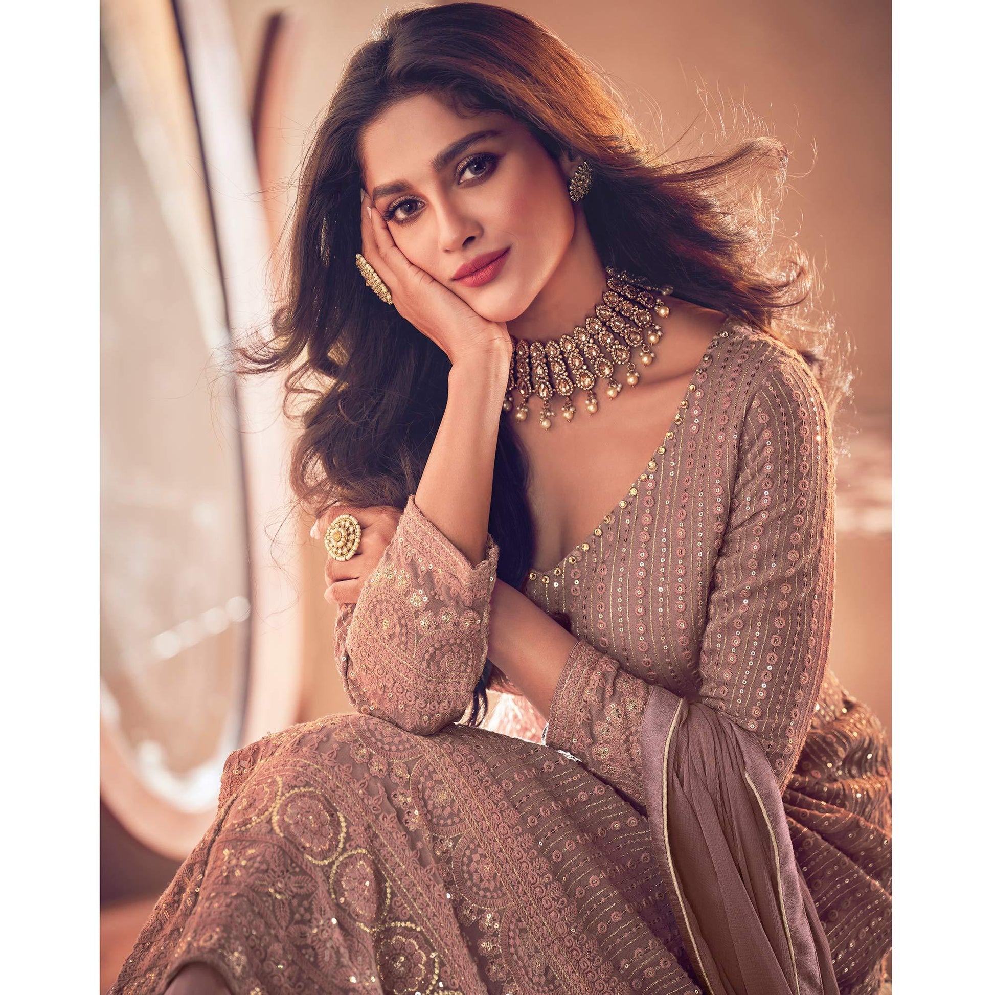 Brown Partywear Embroidered Georgette Top Skirt Set