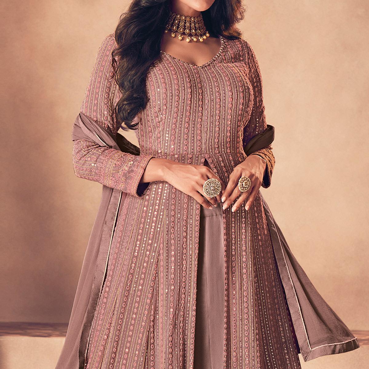 Brown Partywear Embroidered Georgette Top Skirt Set