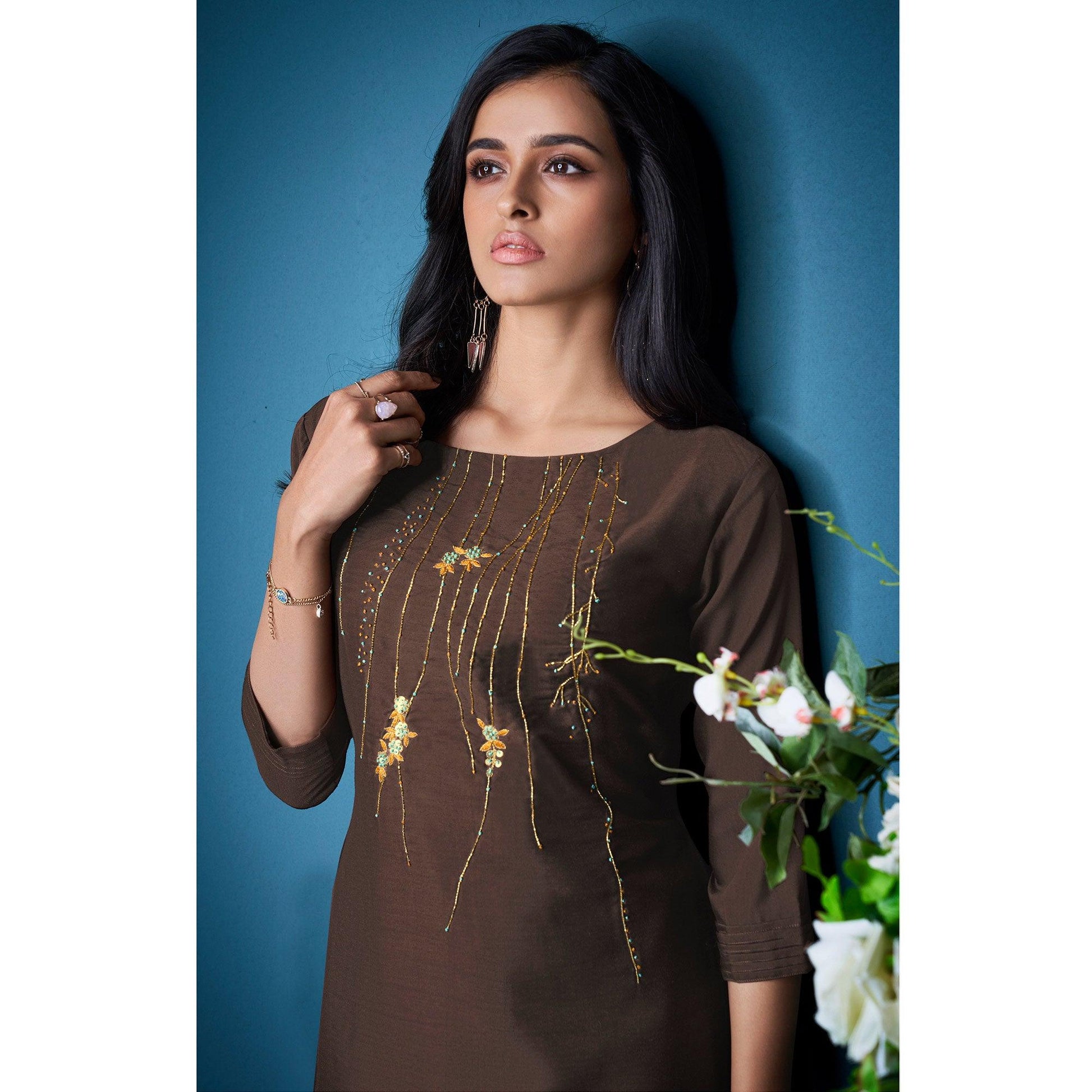 Brown Partywear Embroidered Handwork Silk Kurti Palazzo Set