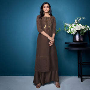 Brown Partywear Embroidered Handwork Silk Kurti Palazzo Set