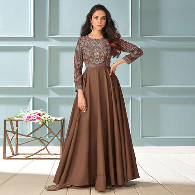 Brown Partywear Embroidered Muslin Silk Gown