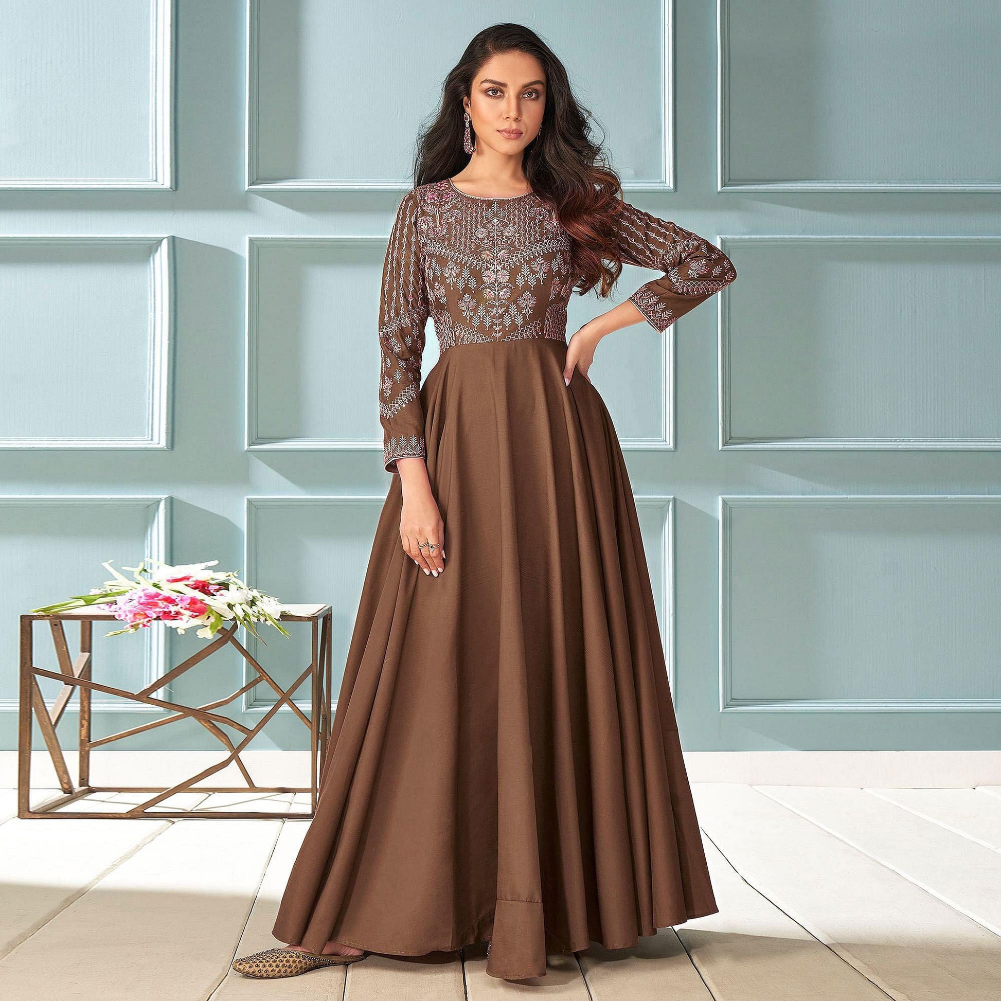Brown Partywear Embroidered Muslin Silk Gown