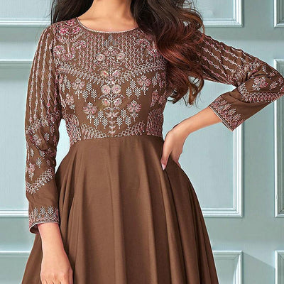 Brown Partywear Embroidered Muslin Silk Gown