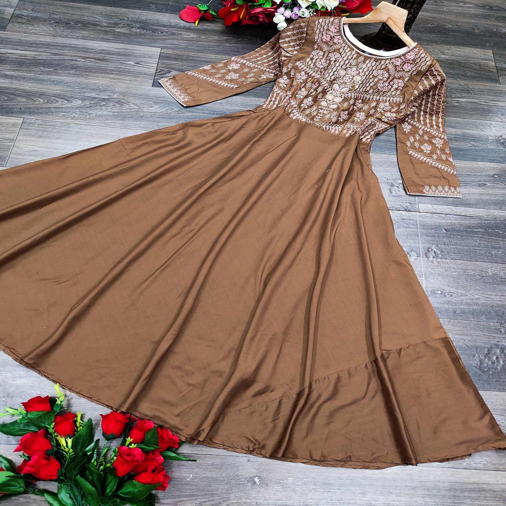 Brown Partywear Embroidered Muslin Silk Gown