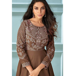Brown Partywear Embroidered Muslin Silk Gown