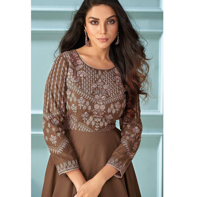 Brown Partywear Embroidered Muslin Silk Gown