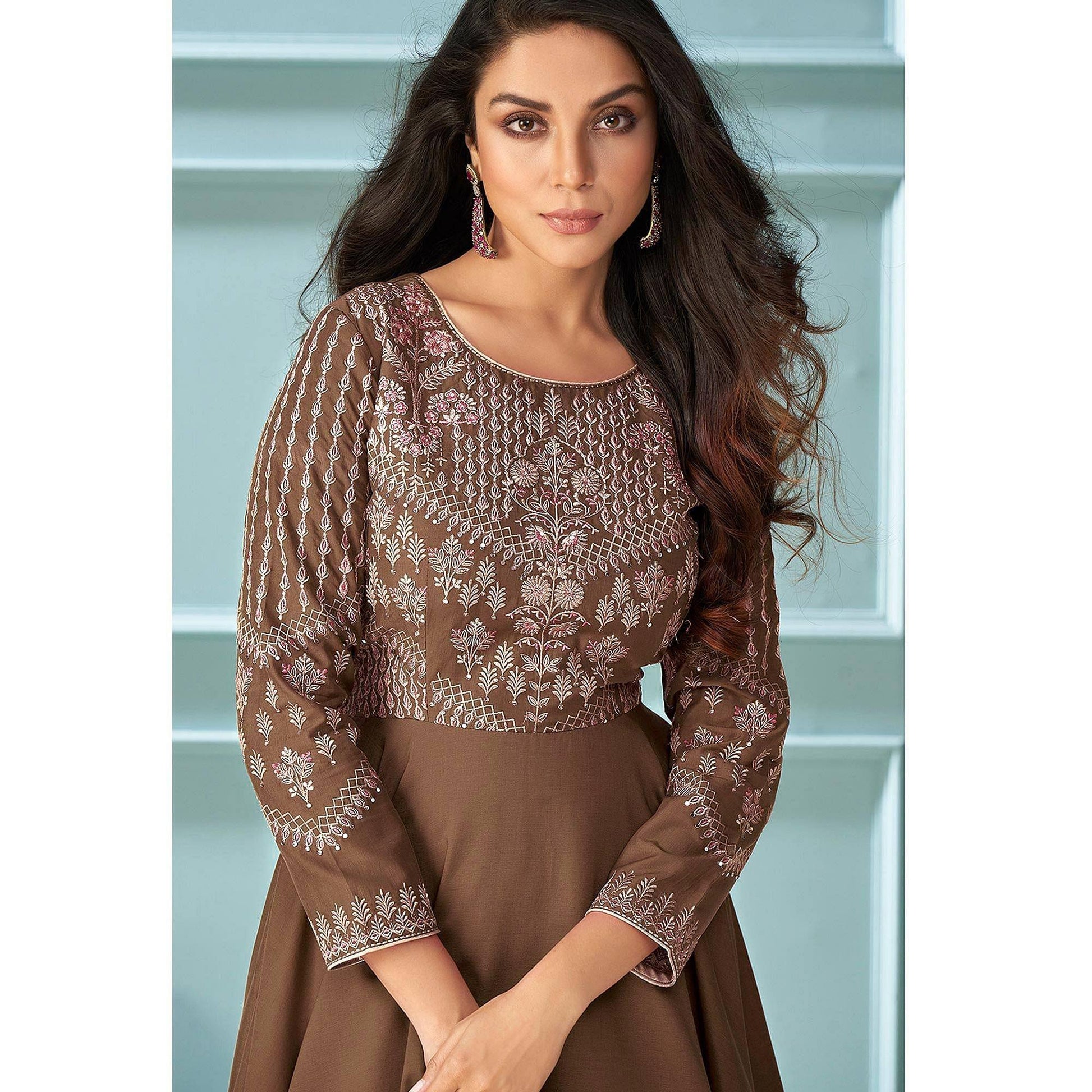 Brown Partywear Embroidered Muslin Silk Gown