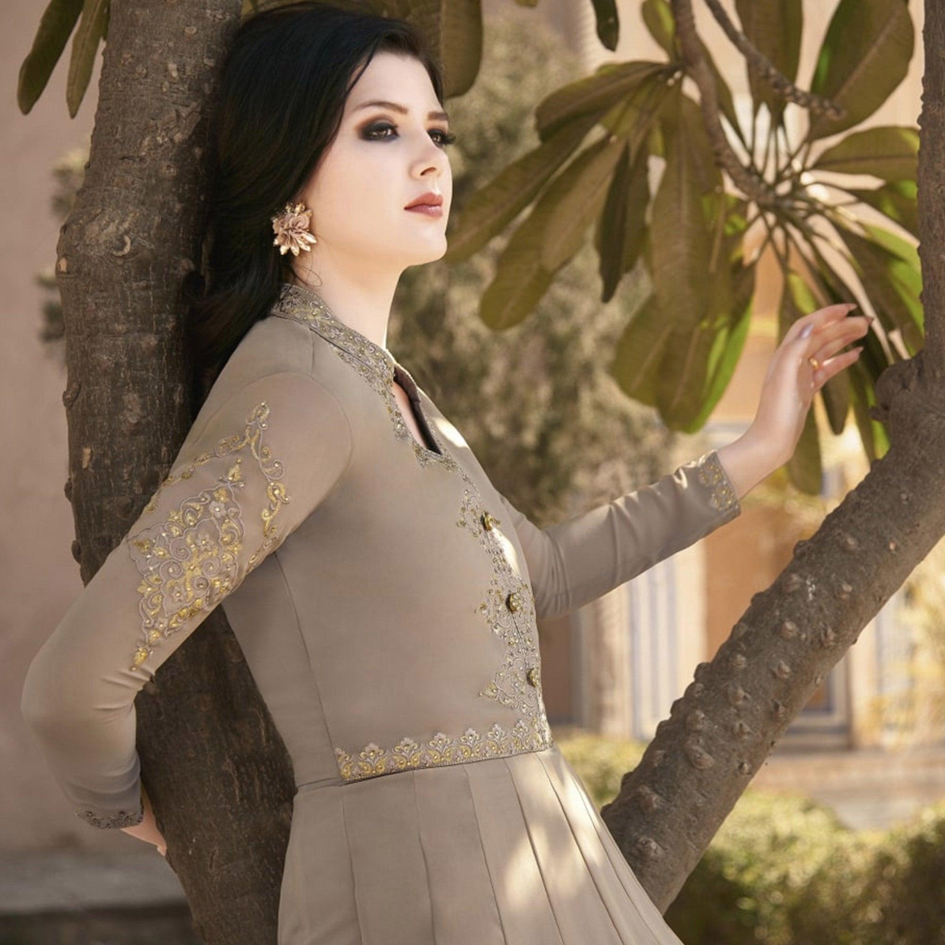 Brown Partywear Embroidered Soft Georgette Suit