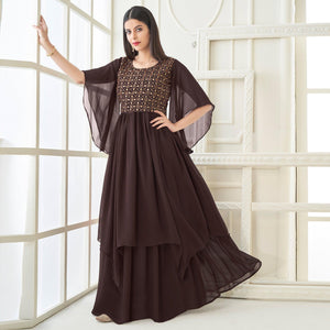Brown Partywear Embroidered with Handwork Heavy Georgette Gown