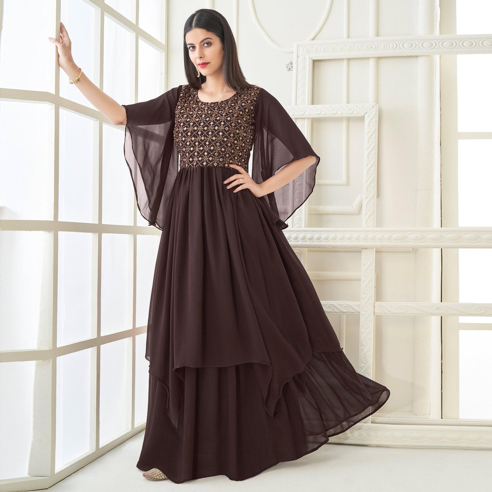 Brown Partywear Embroidered with Handwork Heavy Georgette Gown