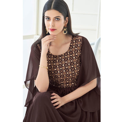 Brown Partywear Embroidered with Handwork Heavy Georgette Gown