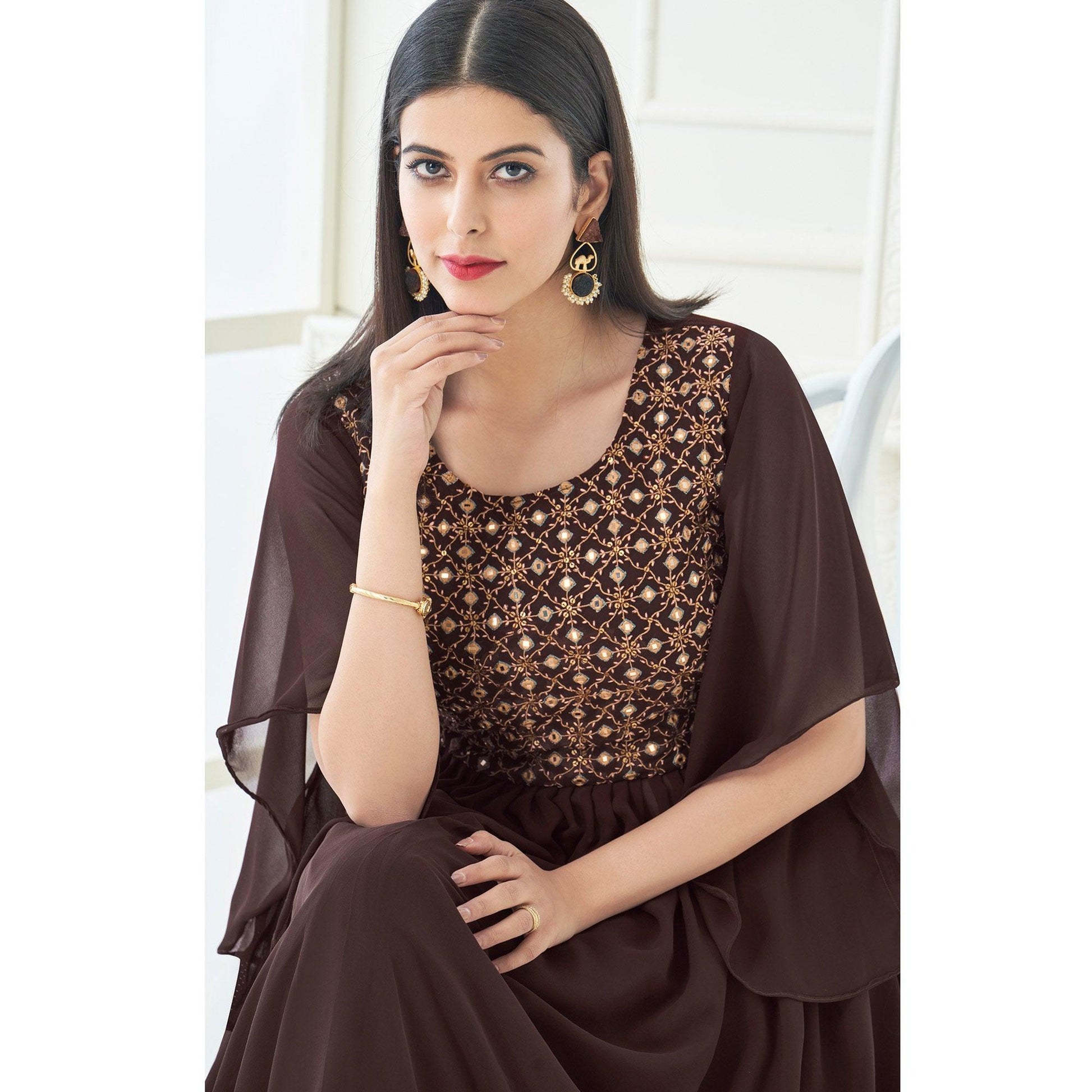 Brown Partywear Embroidered with Handwork Heavy Georgette Gown