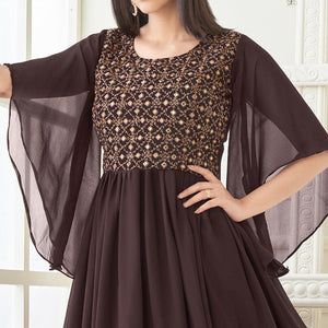 Brown Partywear Embroidered with Handwork Heavy Georgette Gown