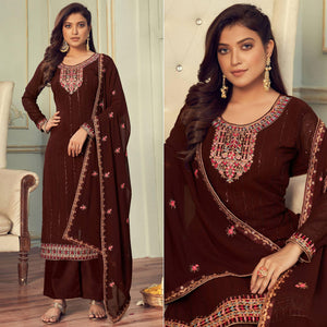 Brown Partywear Embroidery With Embellished Georgette Suit