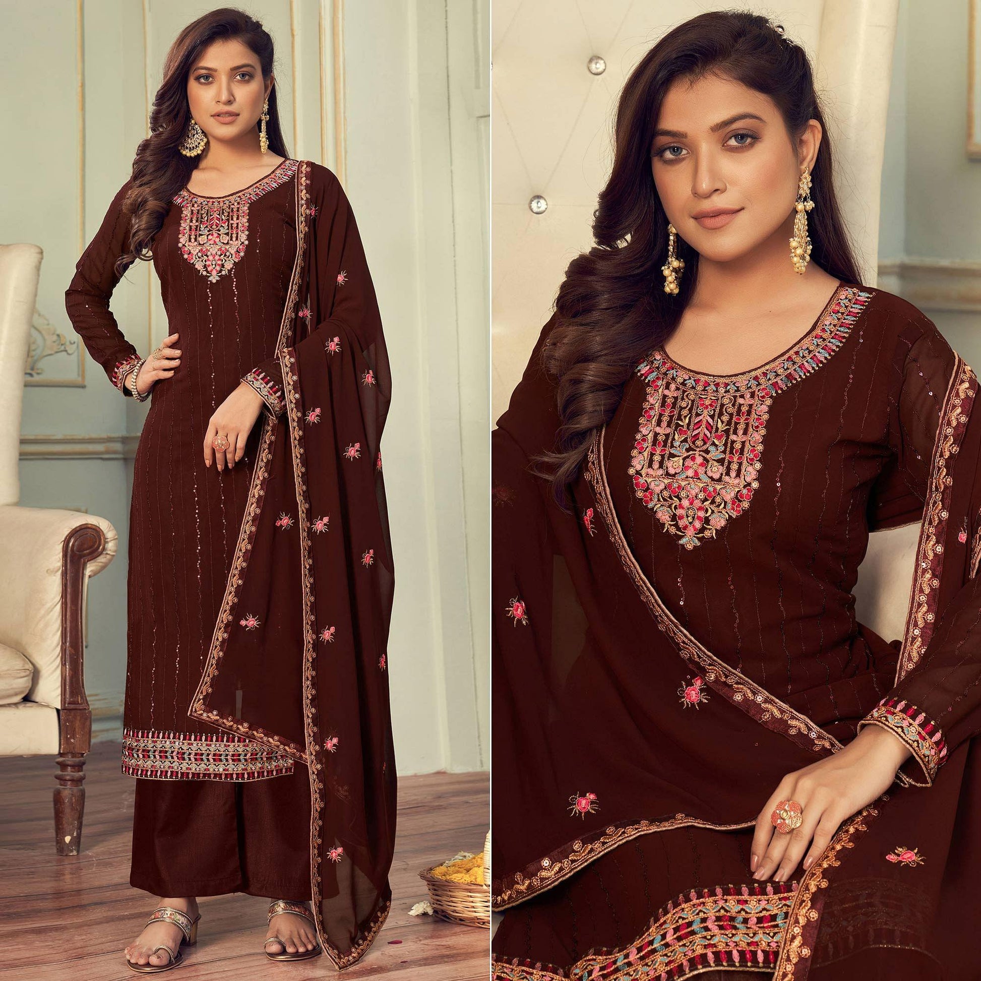 Brown Partywear Embroidery With Embellished Georgette Suit