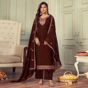 Brown Partywear Embroidery With Embellished Georgette Suit