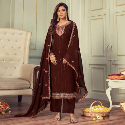 Brown Partywear Embroidery With Embellished Georgette Suit
